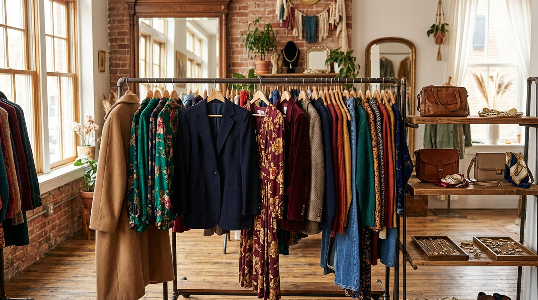Vintage clothing rack displaying diverse secondhand garments in natural retail boutique setting
