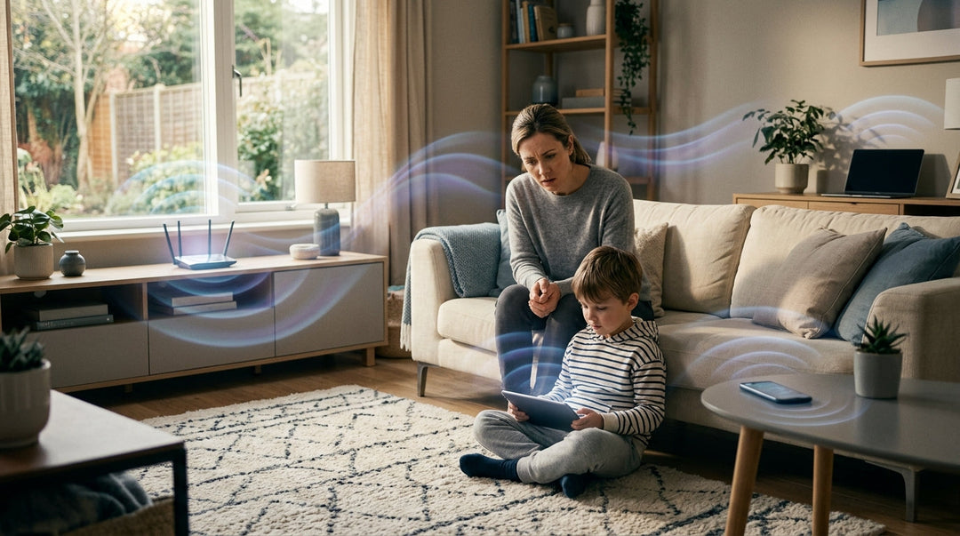 Woman and child on couch with WiFi signal waves visualized around them in living room