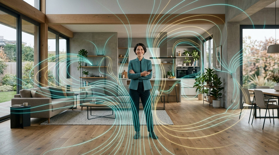 Woman standing in modern home with glowing turquoise and gold energy wave patterns surrounding her