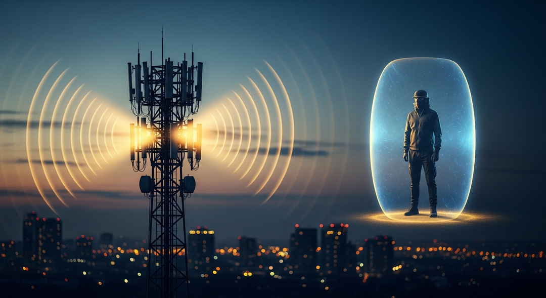 5G cell tower with yellow signal waves and person standing in protective blue energy field