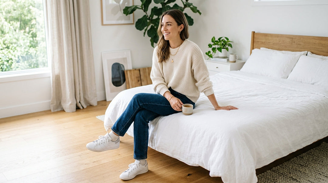 Woman sitting on white bed wearing cream sweater and dark jeans in bright bedroom