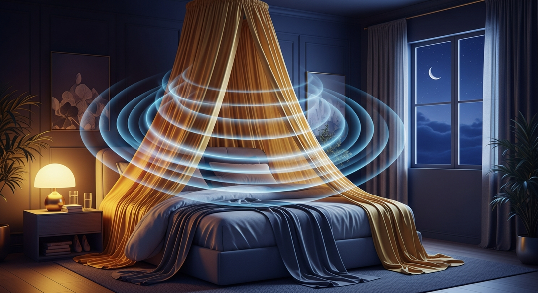 Gold canopy bed drape with blue light waves in nighttime bedroom environment