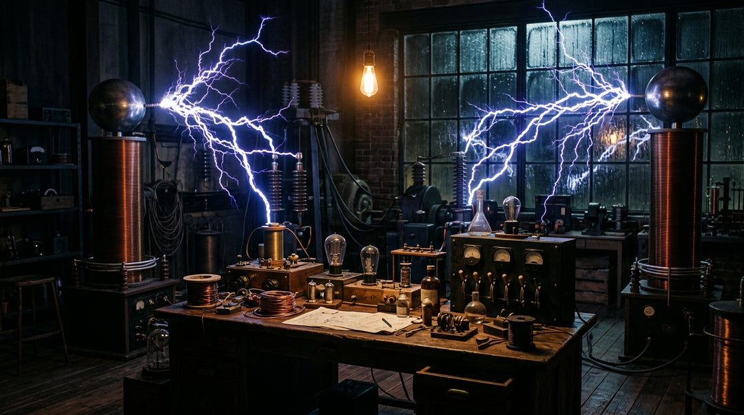 Tesla laboratory with electrical arcs, copper coils, vintage equipment and stormy windows