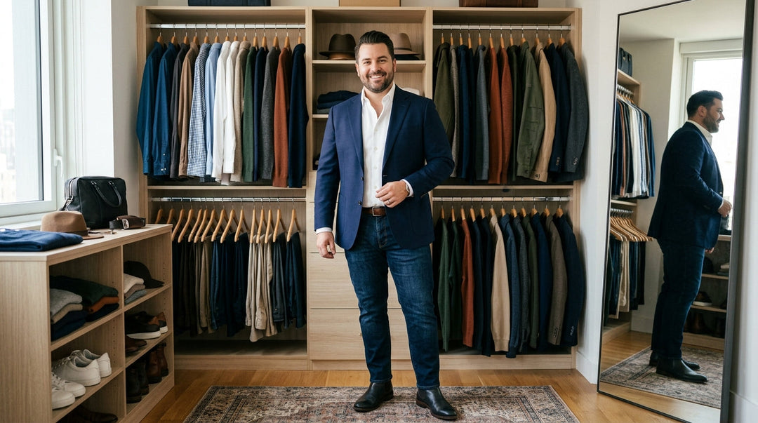 Man in navy blazer and jeans standing in organized walk-in closet with wooden shelving
