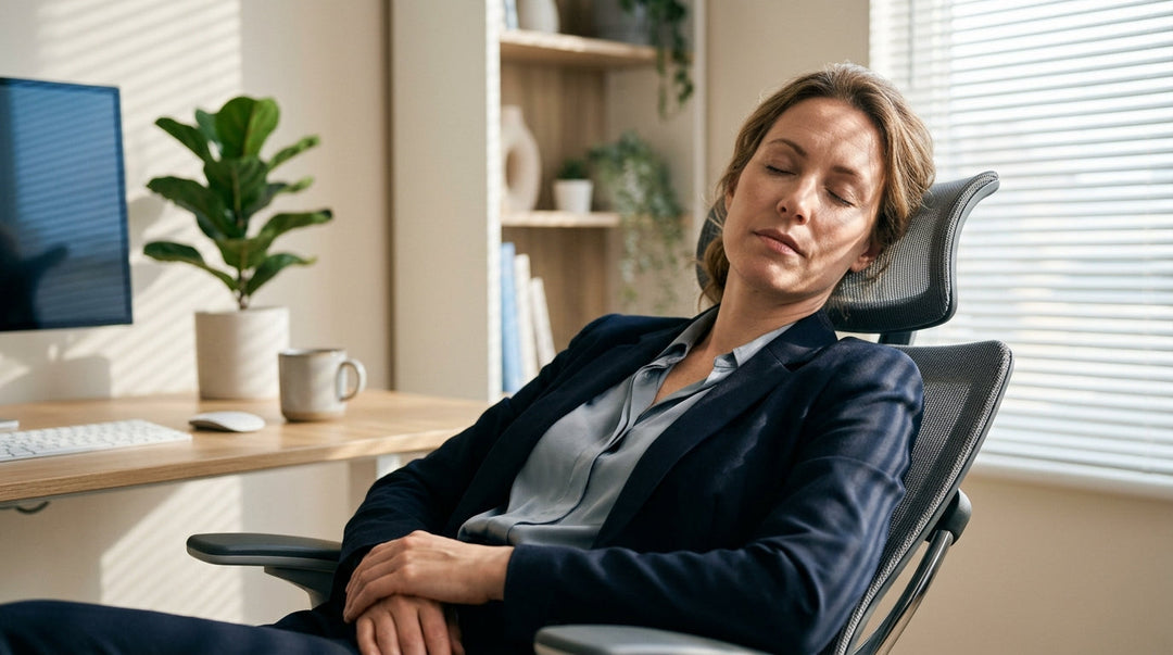 Woman reclining in office chair at desk with eyes closed, relaxing during workday