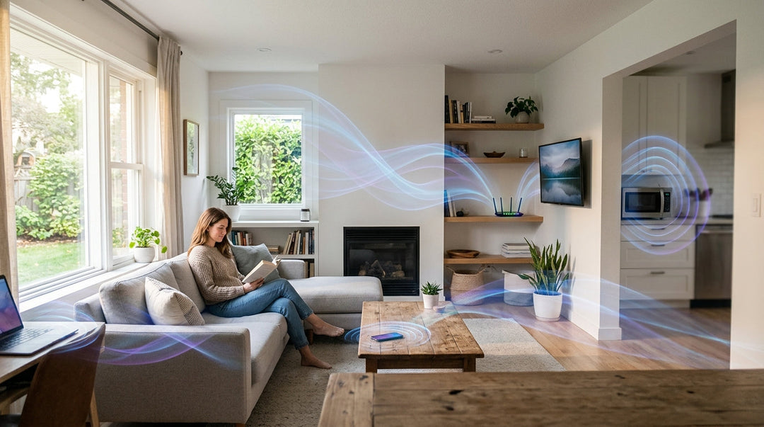 Woman reading on couch in living room with blue wireless signal waves visualized throughout space