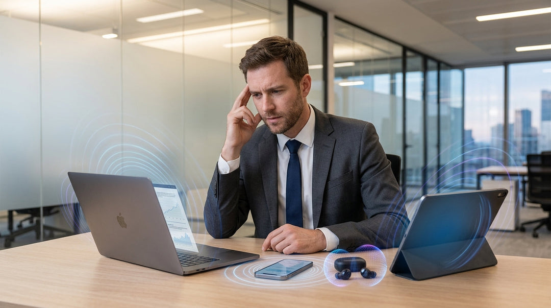 Businessman in office with laptop, tablet, phone displaying wireless connectivity waves