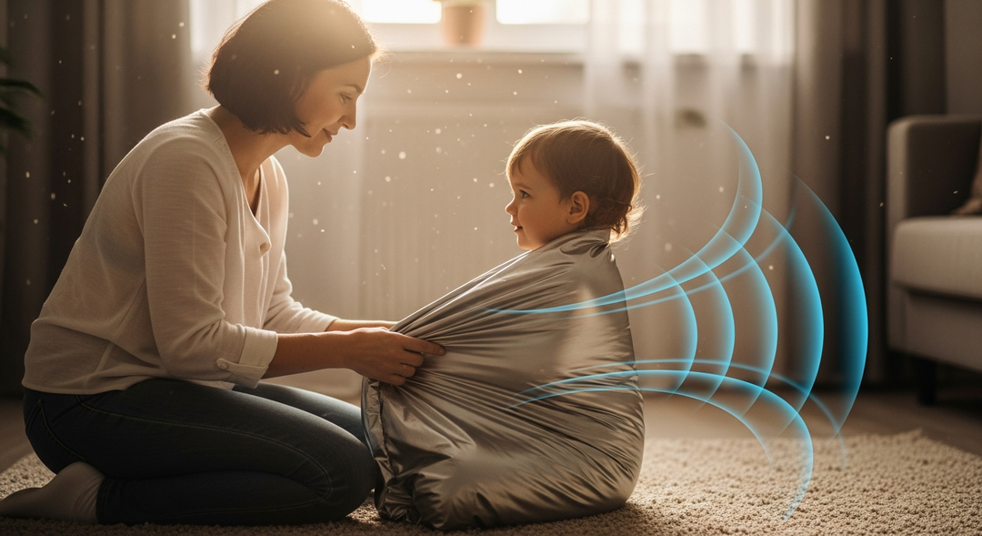 Woman and child sitting on floor with blue protective wave graphics surrounding child
