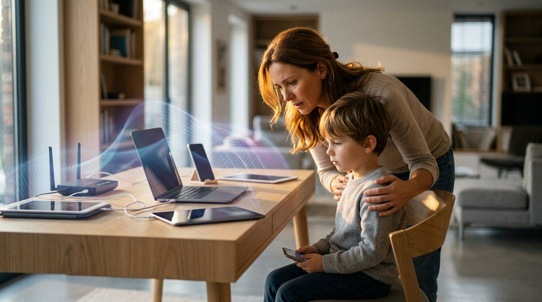 Mother and child at desk with multiple devices showing digital protection concept