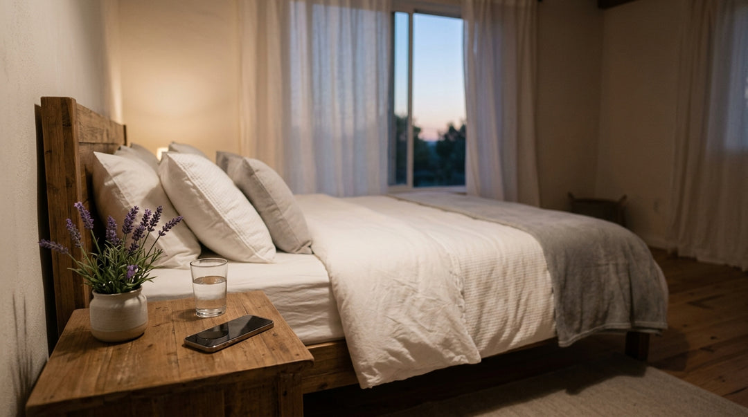 Modern bedroom with wooden bed frame, cream pillows and bedding, nightstand with lavender plant and glass of water
