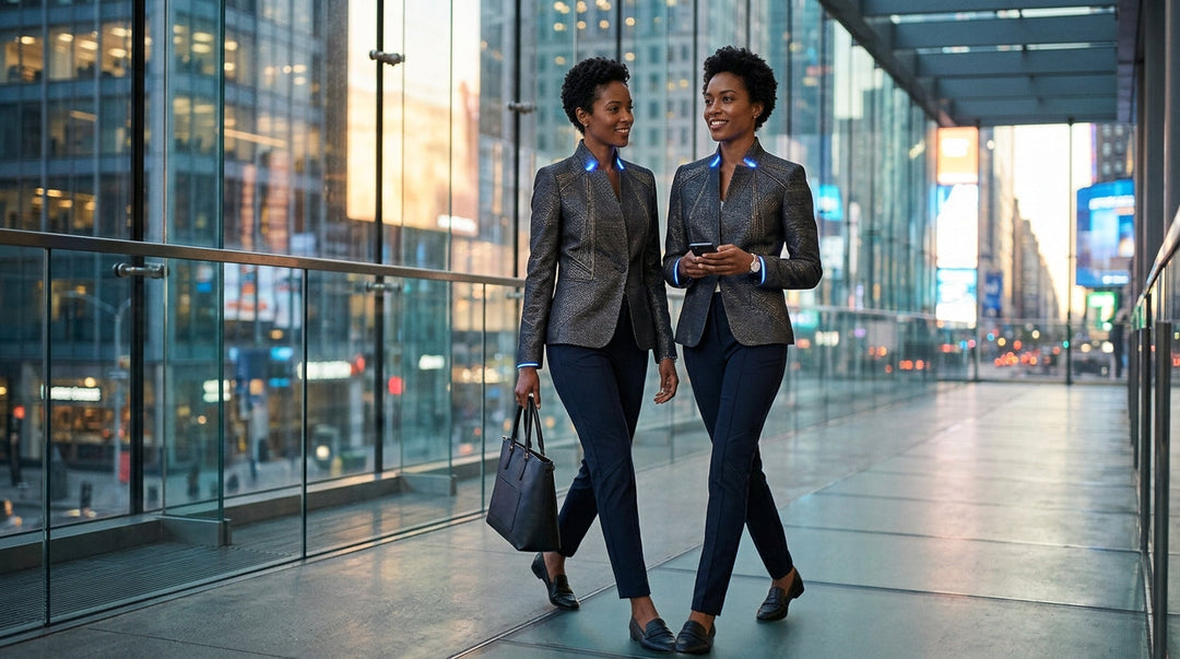 Two women in professional blazers and navy pants walking through modern glass building corridor