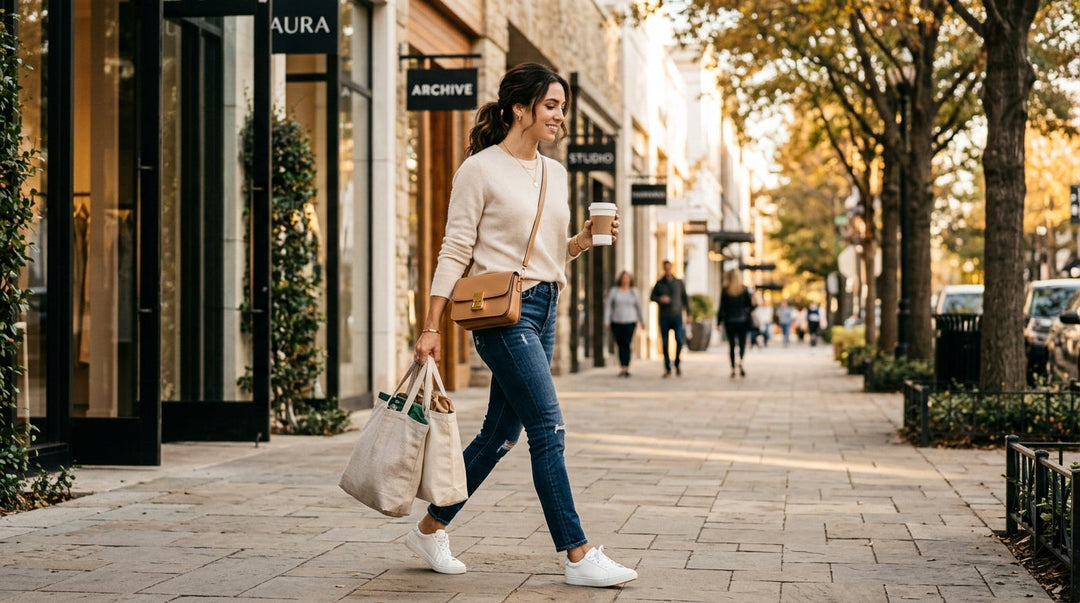 Woman in cream sweater and blue jeans walking down urban street with coffee and tote bag