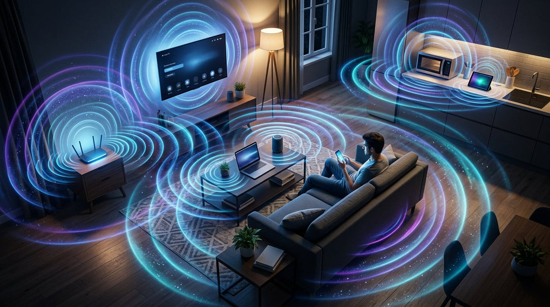 Smart home interior with glowing blue and purple electromagnetic field visualization around connected devices