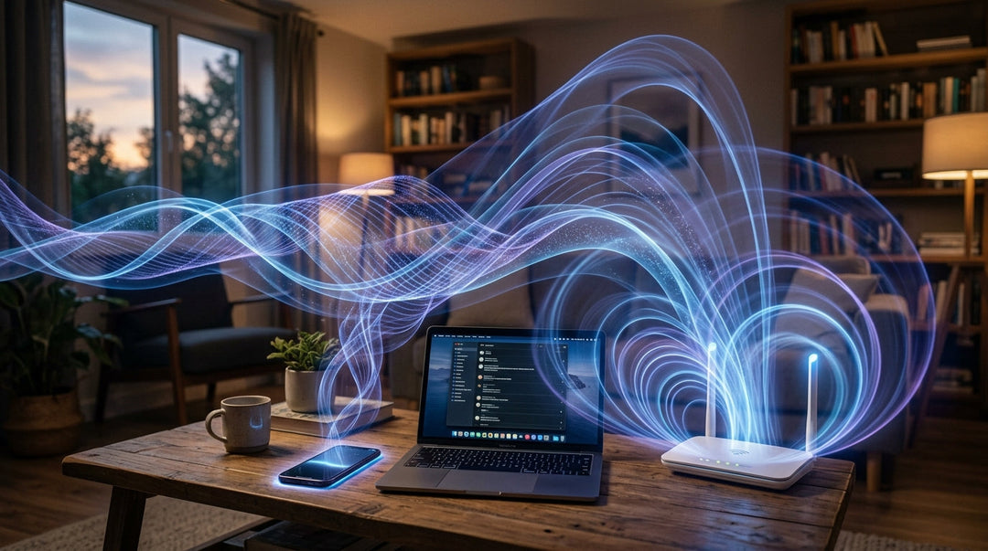 Glowing blue wave patterns flowing over laptop, phone, and router on wooden desk