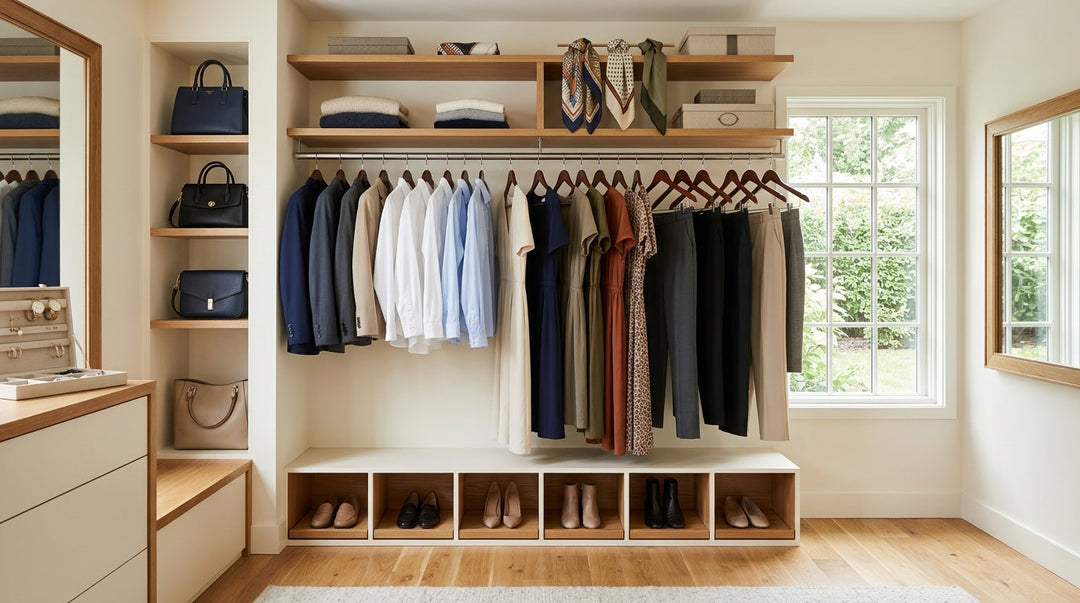 Organized closet displaying essential work wardrobe with neutral colored clothing, shoes, and accessories