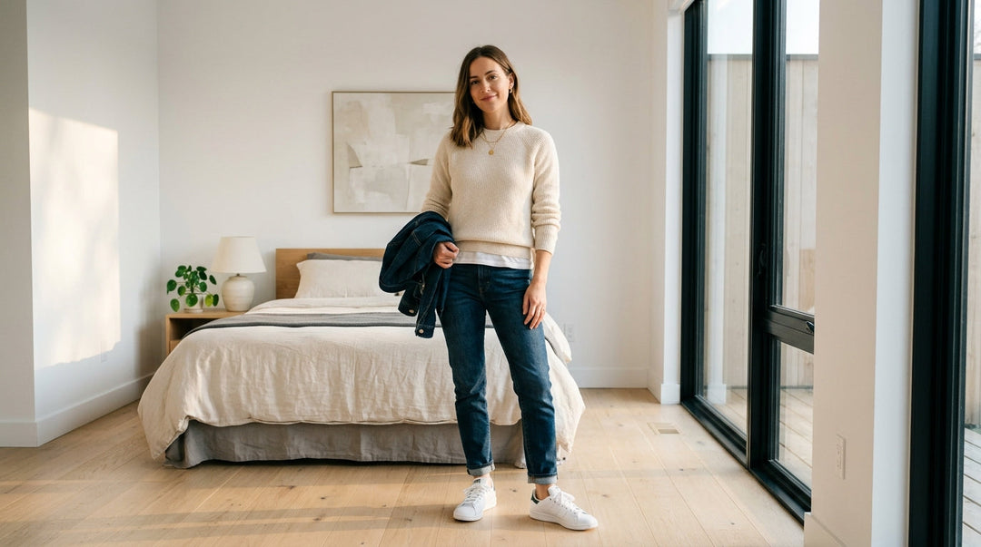 Woman wearing cream ribbed sweater and dark jeans standing in bright bedroom