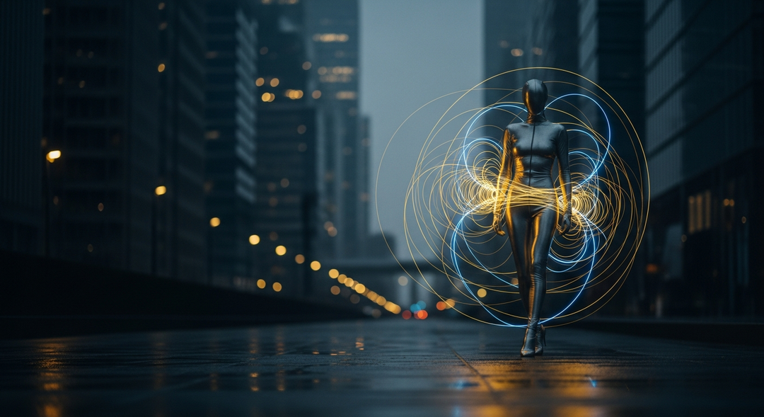 Black athletic figure surrounded by glowing gold and blue light trails in urban city setting