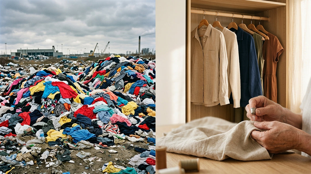 Split image comparing textile waste landfill with organized closet wardrobe