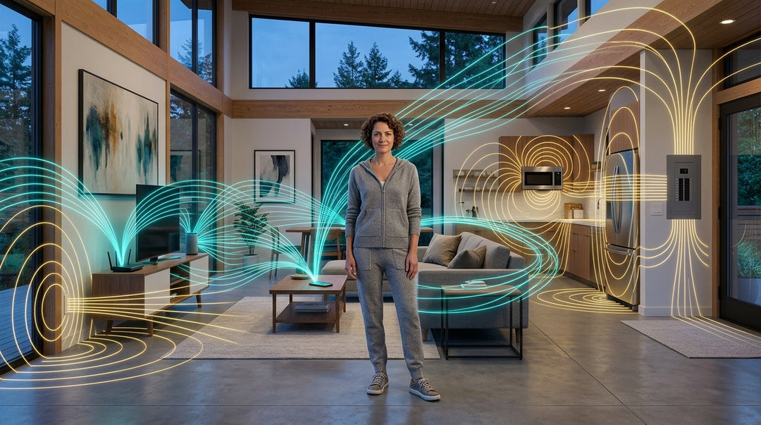 Woman in gray zip-up hoodie and pants standing in modern living room with glowing teal and gold EMF wave visualization patterns