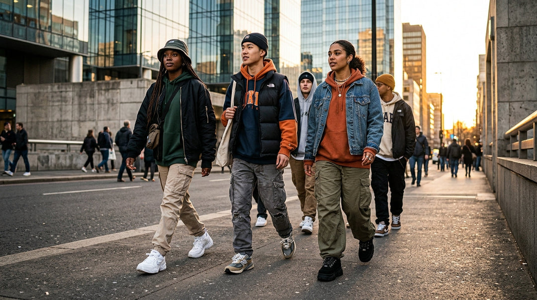 Group of five young people wearing casual urban clothing walking through downtown city street with tall buildings
