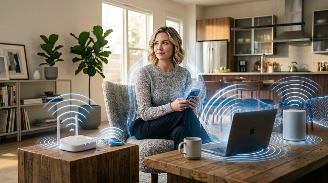 Woman in living room surrounded by blue WiFi signal visualizations holding smartphone