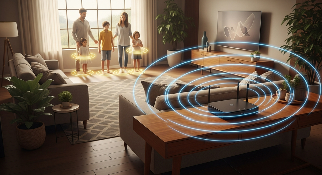 Family in living room with WiFi signal visualization and ethernet connection comparison