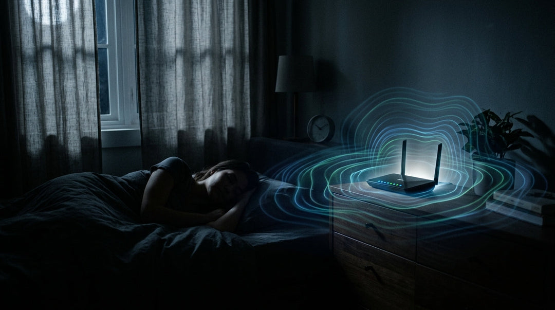 WiFi router with glowing concentric waves on nightstand near sleeping person in bed
