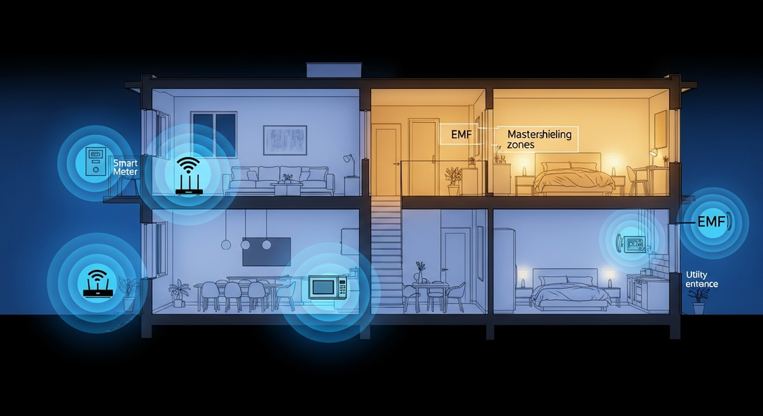 House cross-section showing smart meter, WiFi routers, EMF shielding zones, and utility entrance with glowing signal indicators