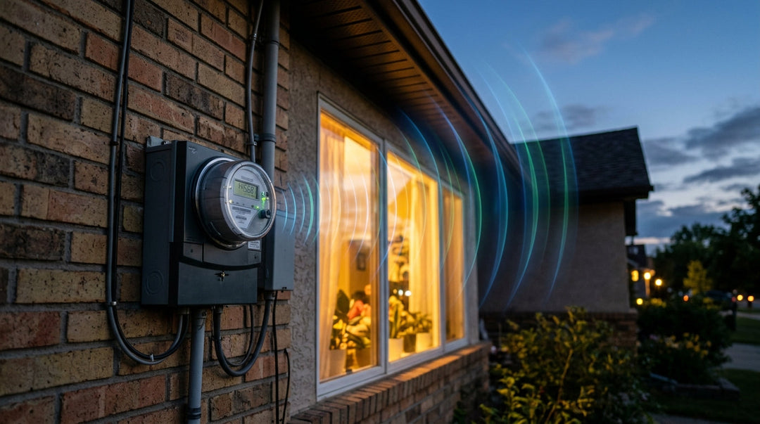 Smart utility meter mounted on brick wall with wireless signal waves emanating outward