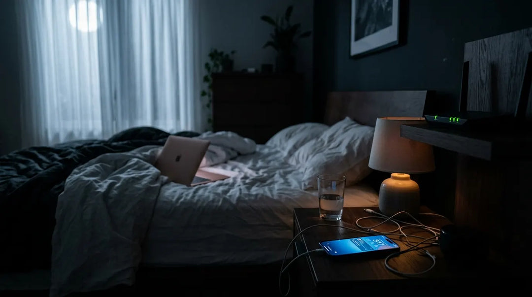 Dimly lit bedroom at night with glowing electronics on nightstand, moody and restless atmosphere