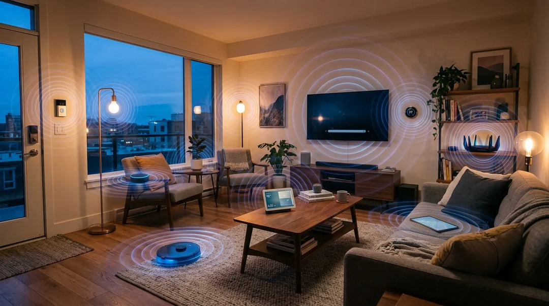 Modern living room filled with smart devices emitting subtle glowing electromagnetic wave ripples