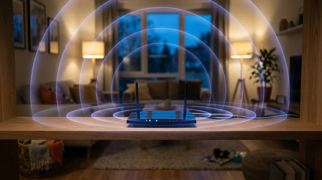 Blue WiFi router with two antennas displaying concentric purple signal waves on wooden shelf