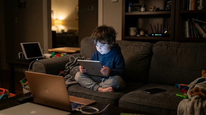 Young child illuminated by tablet glow surrounded by multiple wireless devices in dim living room