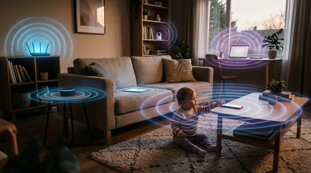 Toddler surrounded by glowing wireless devices emitting subtle electromagnetic waves in modern living room