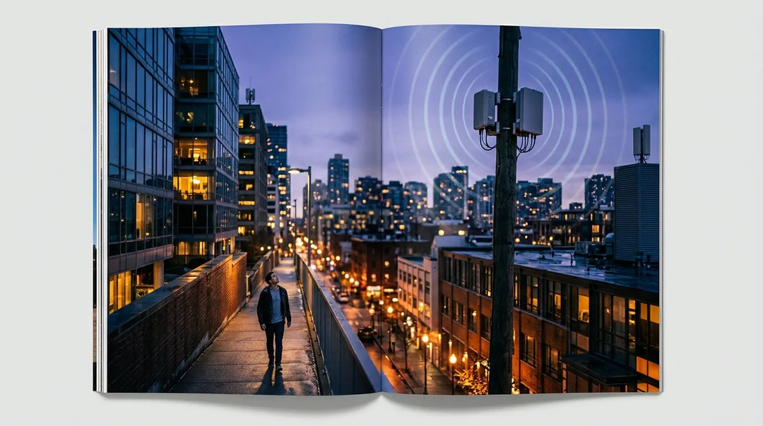 5G cell antennas on urban streetlight poles at twilight with electromagnetic wave ripples