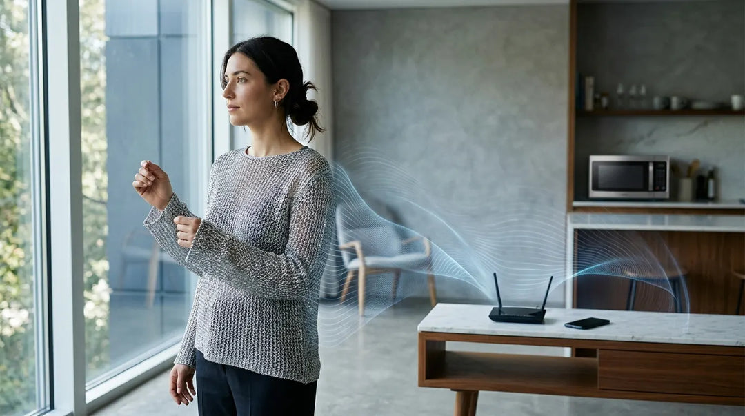 Person wearing silver-threaded EMF shielding garment in modern kitchen with subtle electromagnetic wave visualization