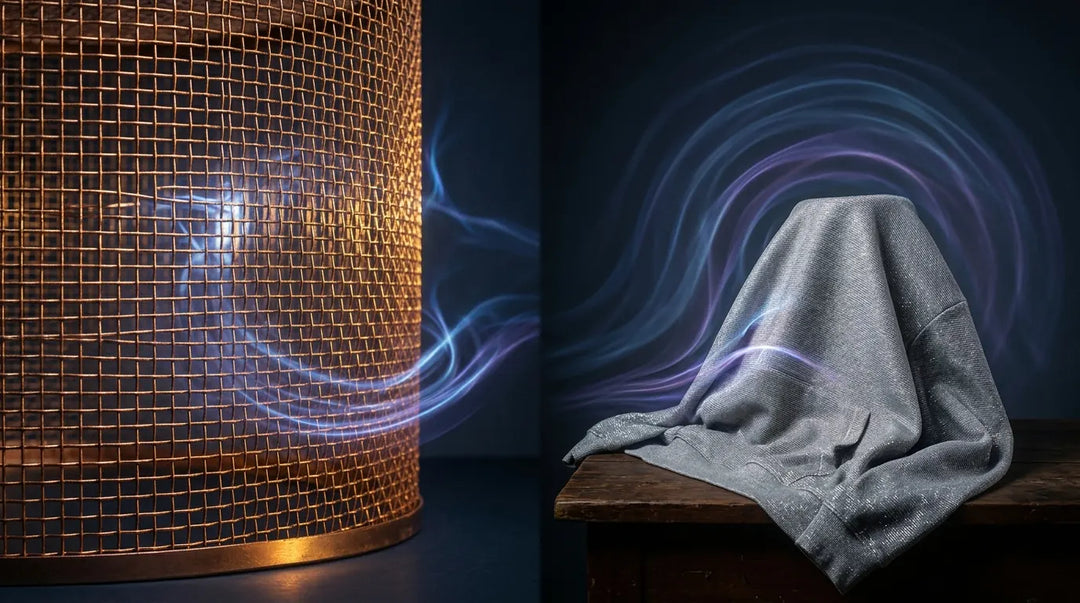 Copper Faraday cage mesh and silver-threaded fabric deflecting electromagnetic waves, moody scientific atmosphere
