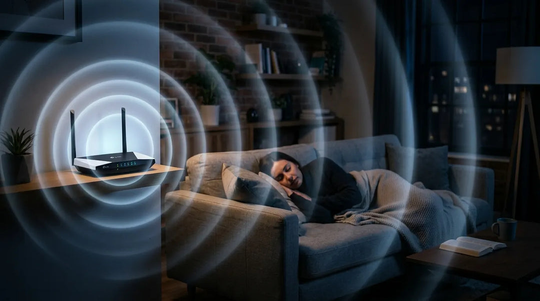 Glowing WiFi router emitting visible radio waves through a dim modern living room, eerie mood