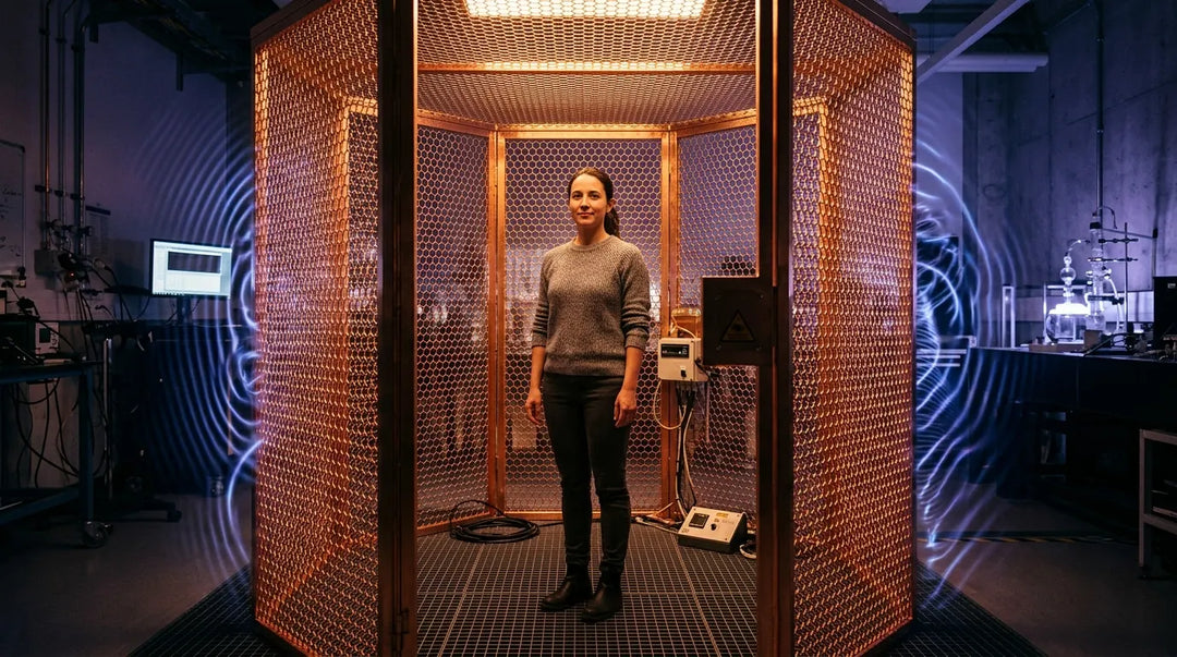 Person standing inside copper Faraday cage in laboratory with electromagnetic waves deflecting around exterior