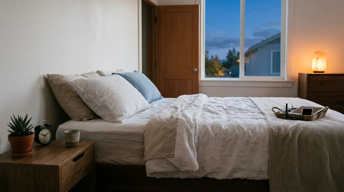 Serene minimalist bedroom with electronics removed into a basket, calm twilight atmosphere