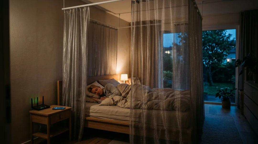 Peaceful bedroom with silvery EMF shielding fabric canopy draped protectively around sleeping area