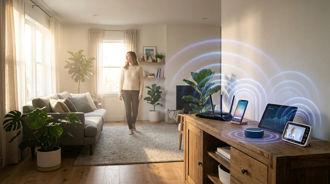 Modern living room filled with glowing wireless devices emitting subtle electromagnetic waves, contemplative mood