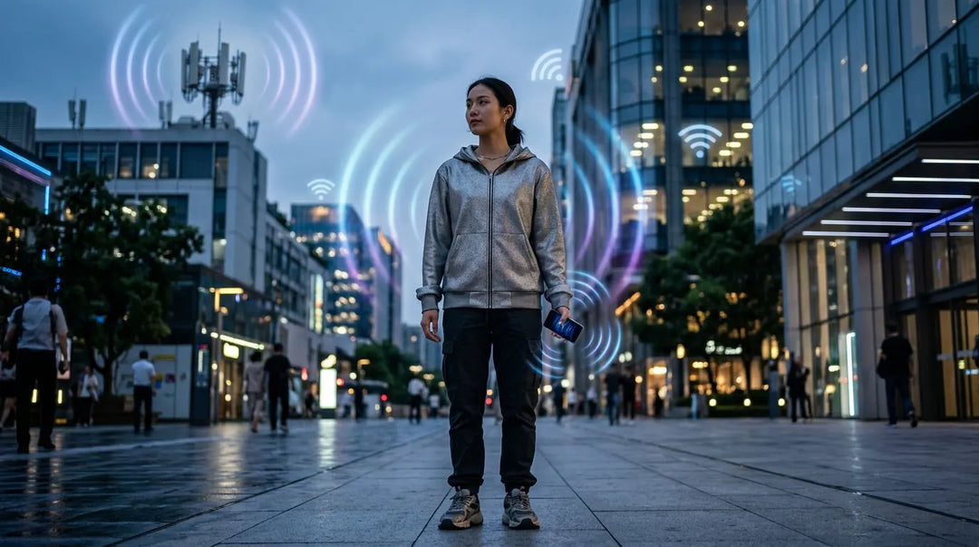 Person wearing silver metallic shielding hoodie in urban setting with electromagnetic wave visualization