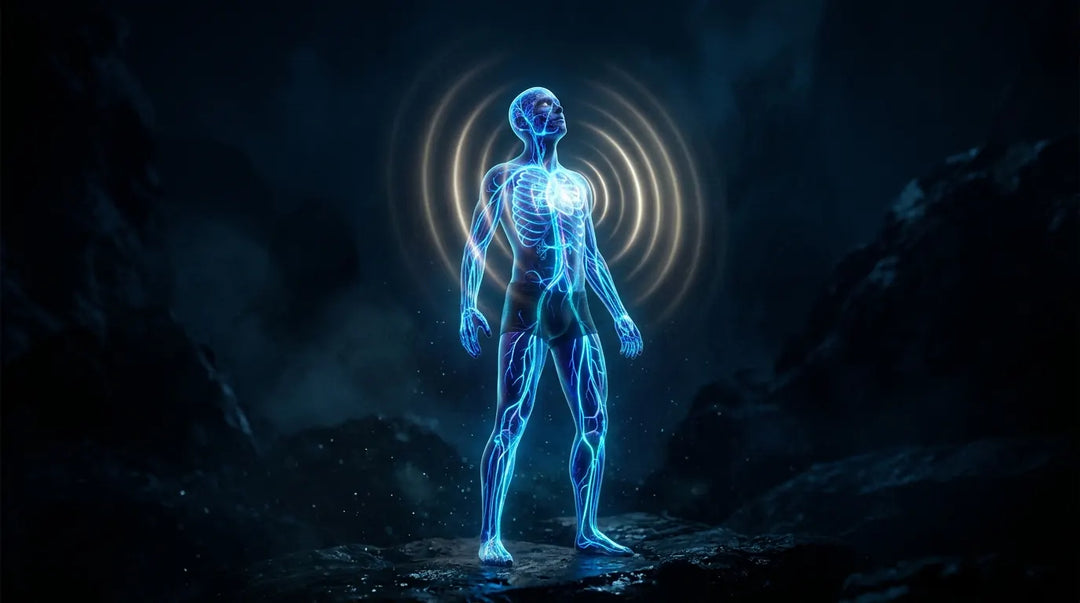 Glowing human figure with visible electromagnetic waves radiating from chest in dark setting, awe-inspiring mood