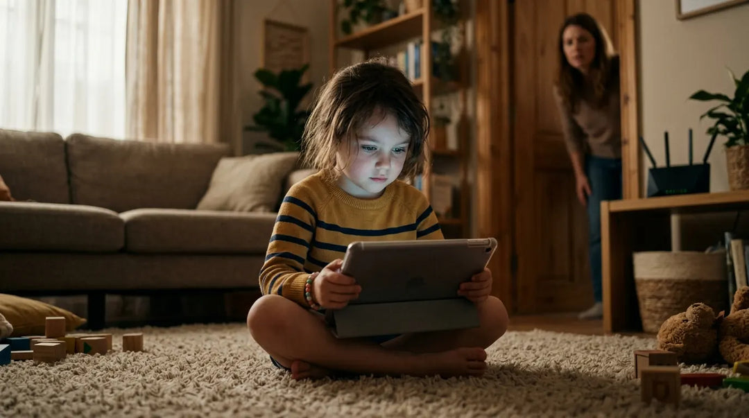 Young child holding glowing tablet close to face in warm living room, cautionary mood