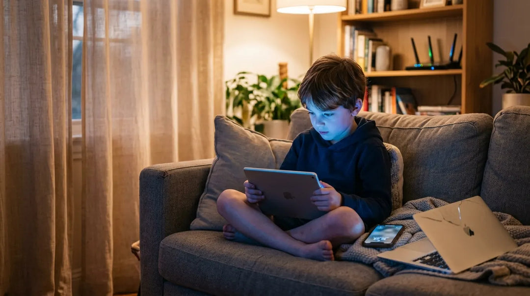 Young child illuminated by tablet glow surrounded by multiple wireless devices in living room