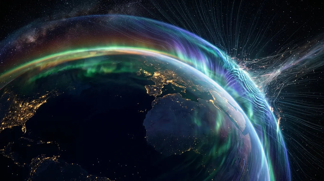 Earth from orbit surrounded by glowing magnetosphere aurora energy fields in deep space
