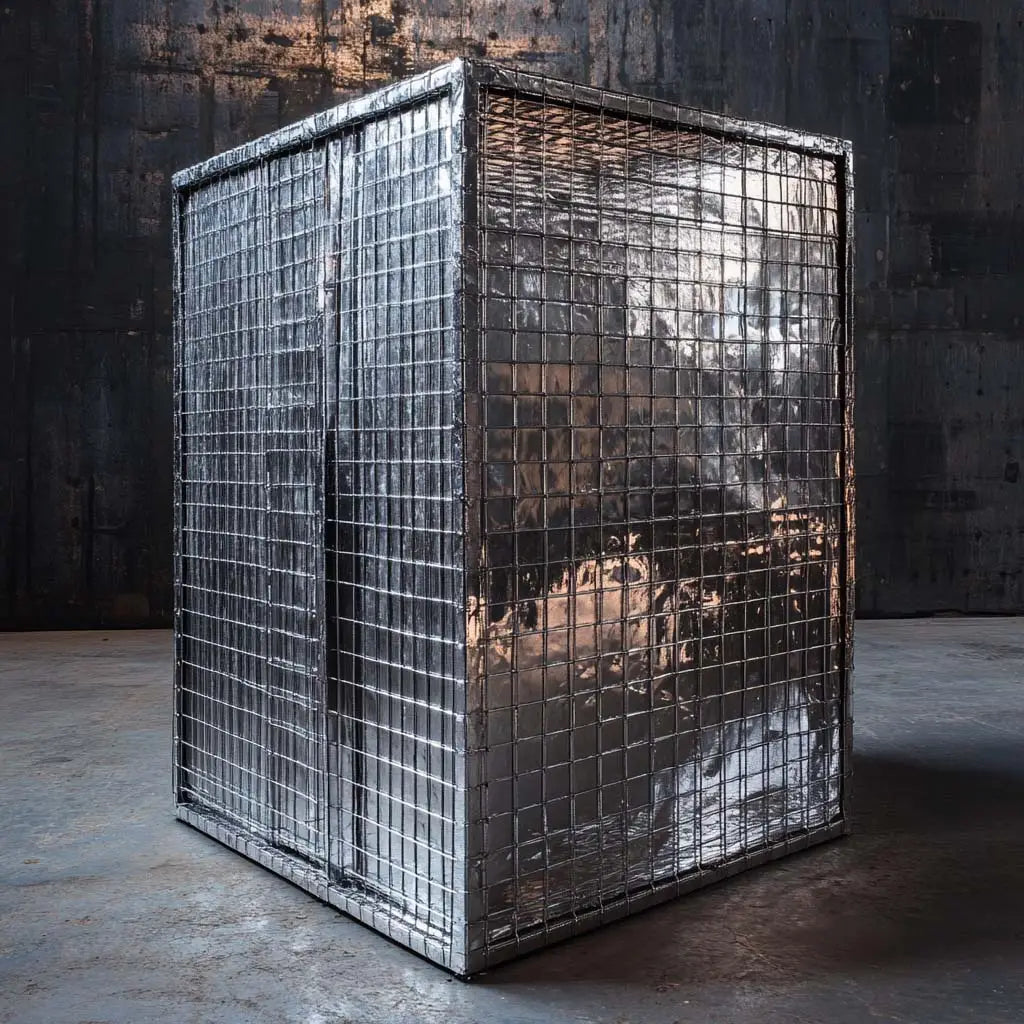 Metal wire mesh cage structure demonstrating Faraday cage shielding design