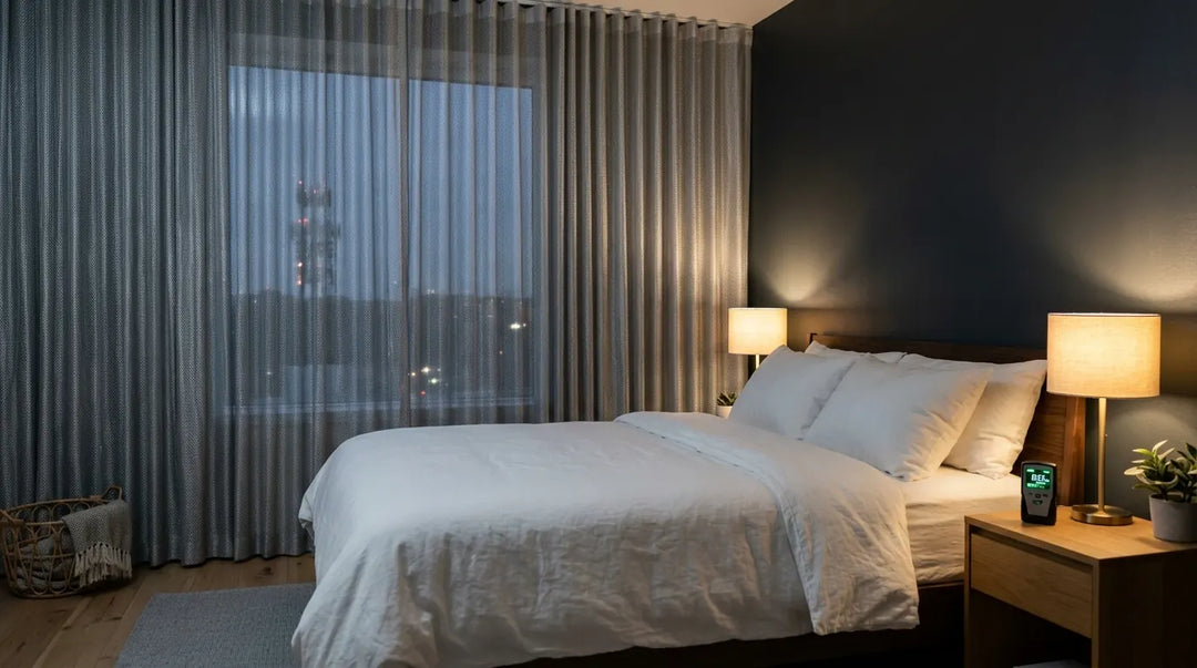 Modern bedroom with white bedding, gray curtains, wooden nightstands, and warm lighting