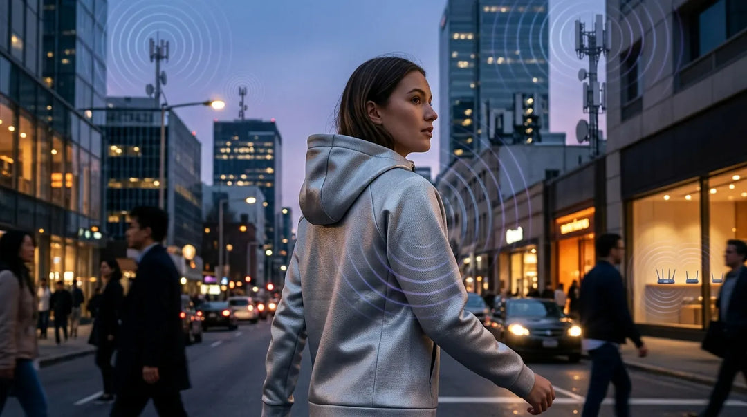 Person in metallic silver hoodie amid urban cityscape with visible electromagnetic wave ripples at dusk